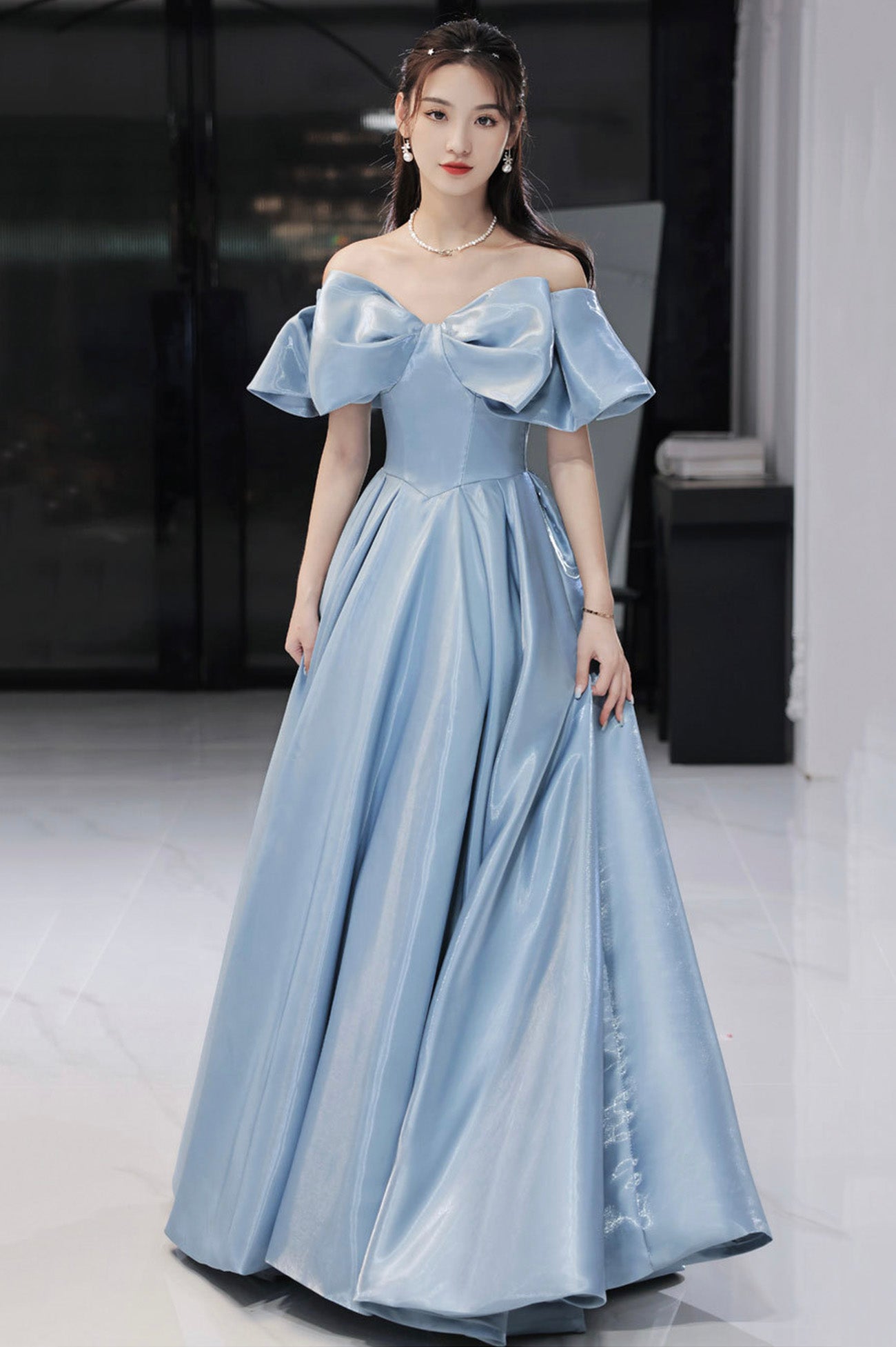 Blue Satin Long A-Line Prom Dress, Off the Shoulder Evening Dress with Bow