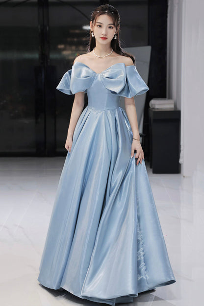 Blue Satin Long A-Line Prom Dress, Off the Shoulder Evening Dress with Bow