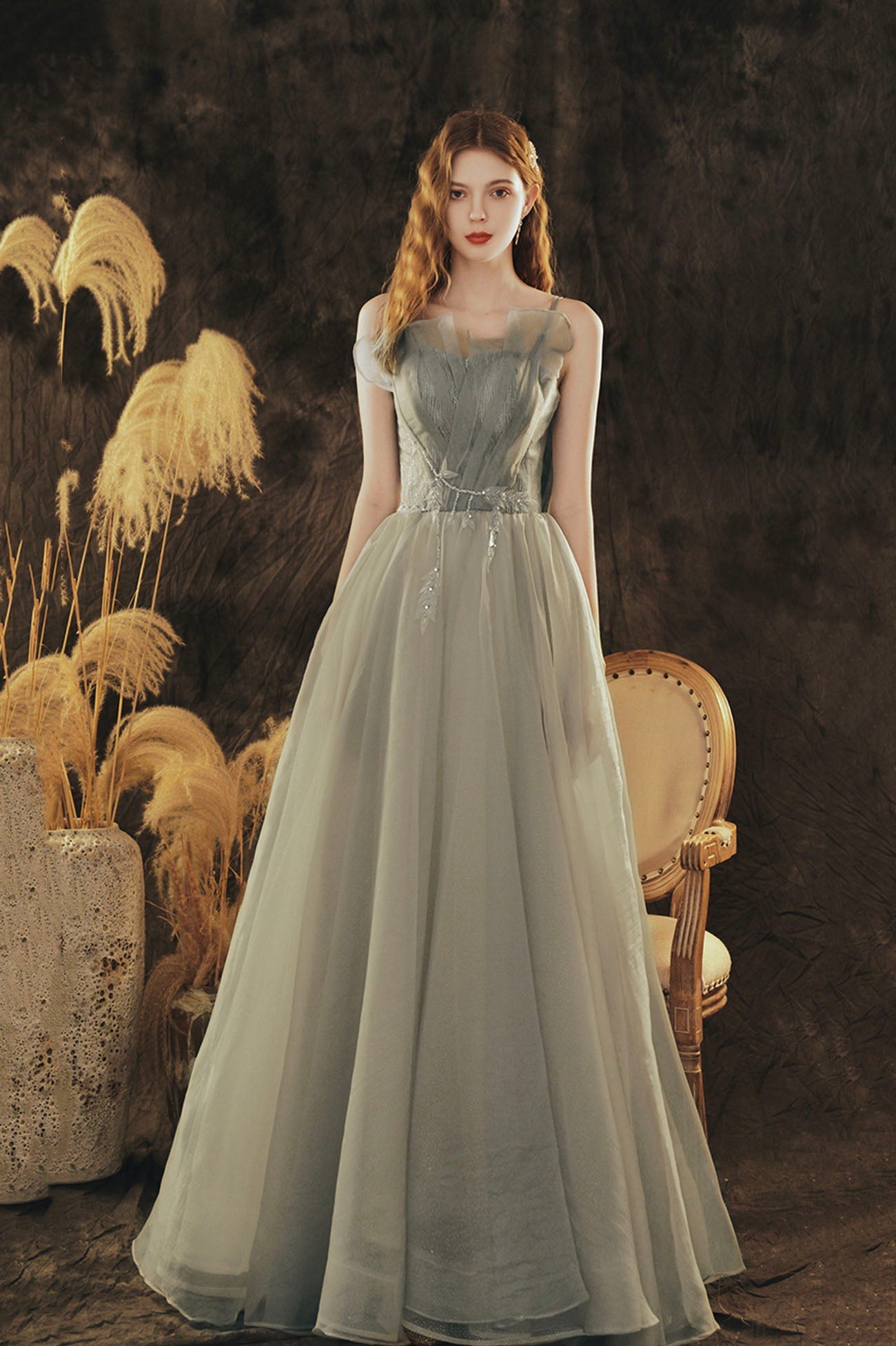 Cute Spaghetti Strap Tulle Long Formal Dress, A-Line Evening Party Dress