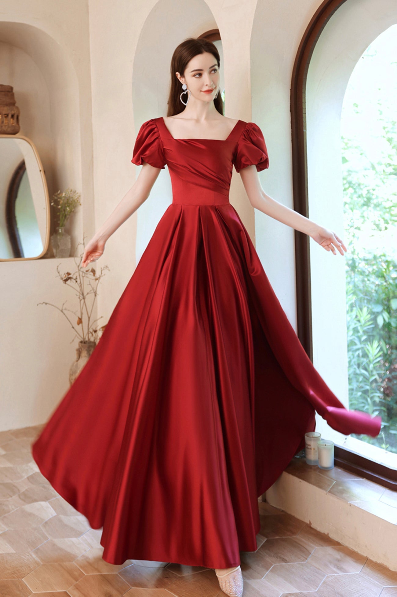 Burgundy Satin Long A-Line Prom Dress, Lovely Puff Sleeve Evening Dress