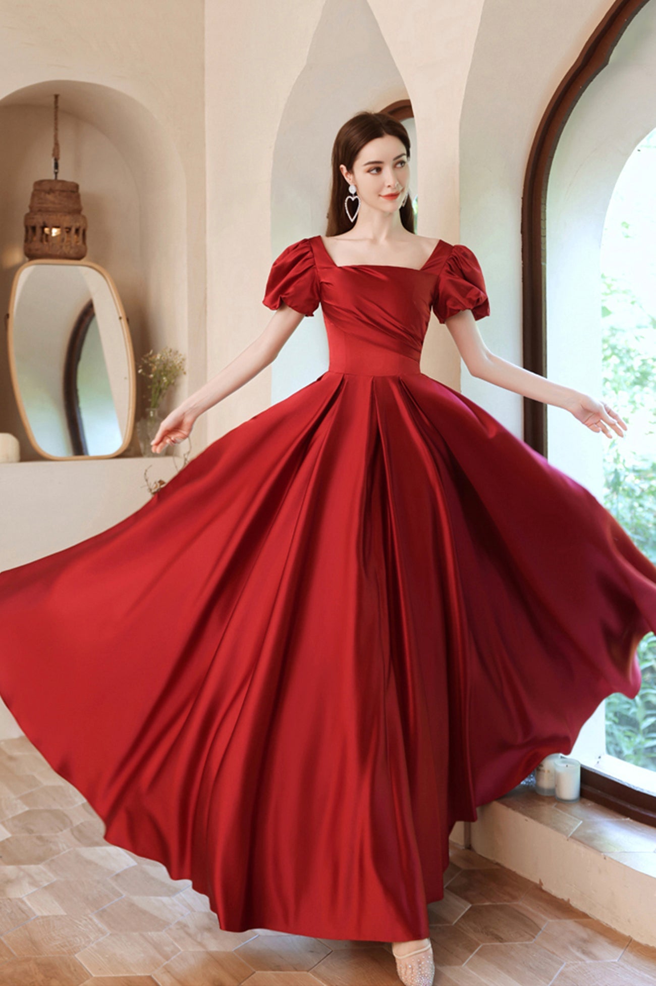 Burgundy Satin Long A-Line Prom Dress, Lovely Puff Sleeve Evening Dress