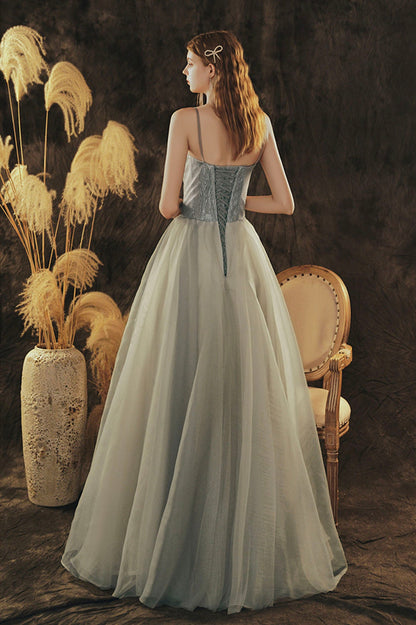 Cute Spaghetti Strap Tulle Long Formal Dress, A-Line Evening Party Dress