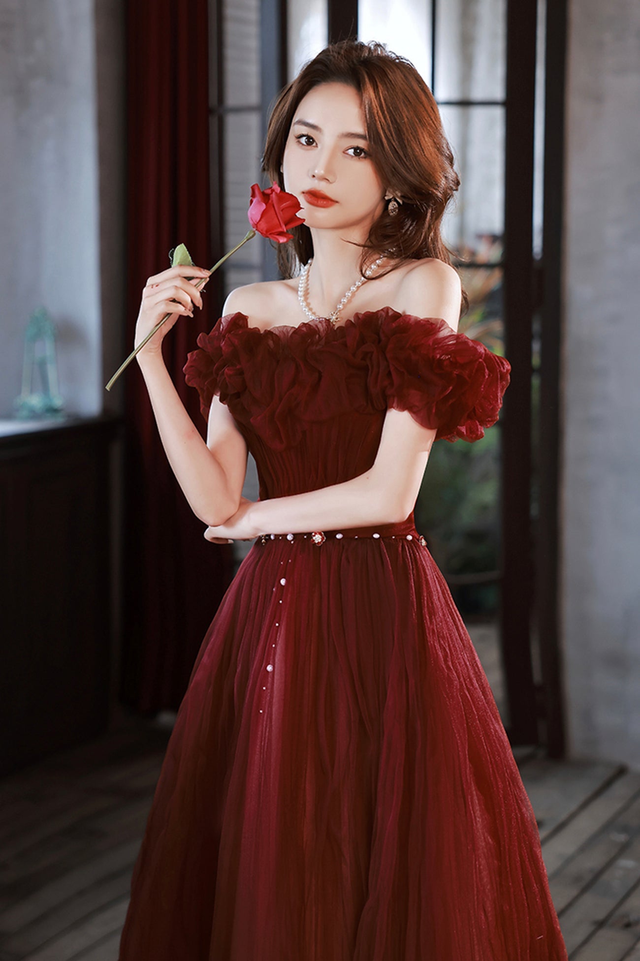 Burgundy Tulle Long A-Line Prom Dress, Cute Off the Shoulder Evening Dress