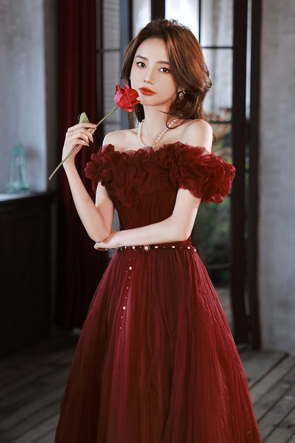 Burgundy Tulle Long A-Line Prom Dress, Cute Off the Shoulder Evening Dress