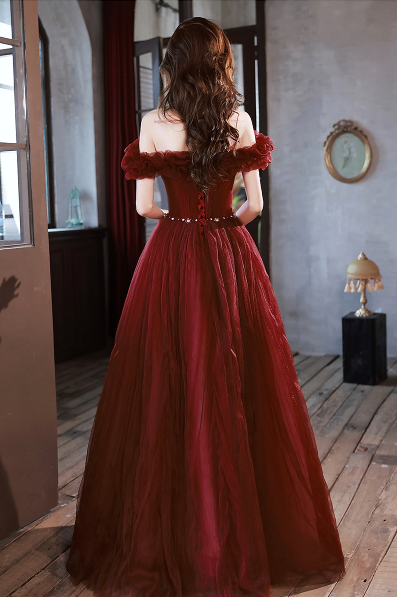 Burgundy Tulle Long A-Line Prom Dress, Cute Off the Shoulder Evening Dress