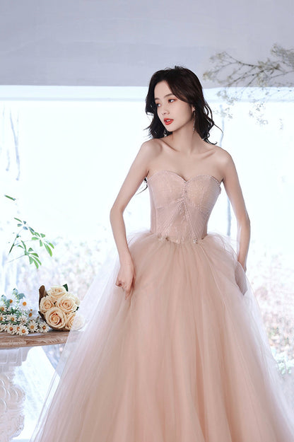 Pink Tulle Long A-Line Prom Dress, Pink Off the Shoulder Evening Party Dress