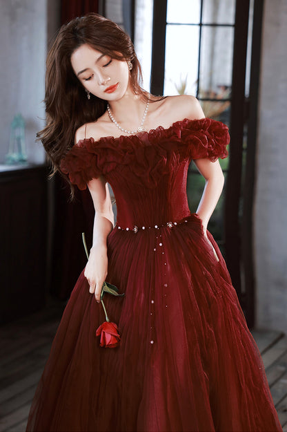 Burgundy Tulle Long A-Line Prom Dress, Cute Off the Shoulder Evening Dress