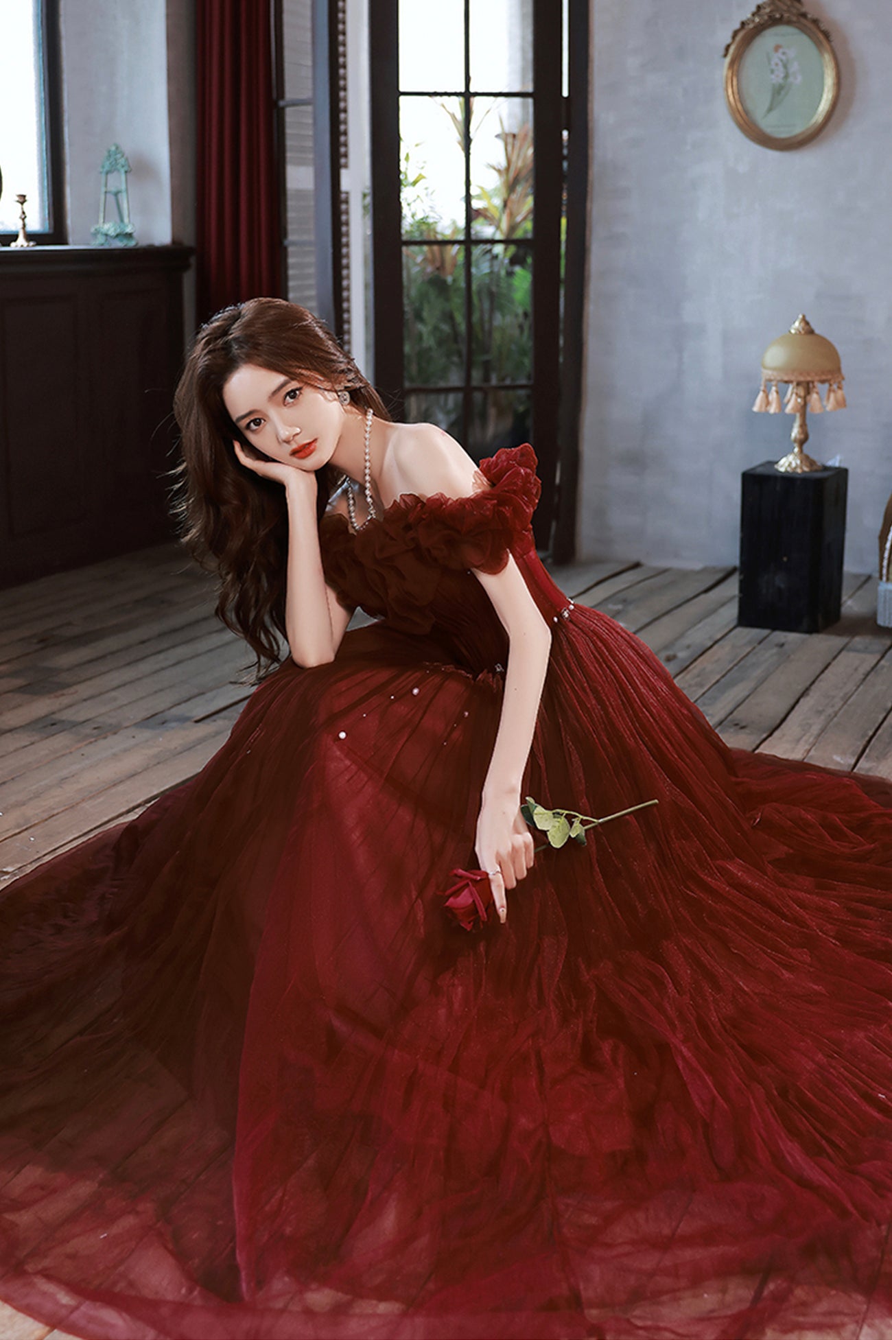 Burgundy Tulle Long A-Line Prom Dress, Cute Off the Shoulder Evening Dress