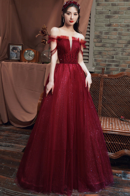 Burgundy Tulle Long A-Line Prom with Beaded, Off the Shoulder Evening Party Dress