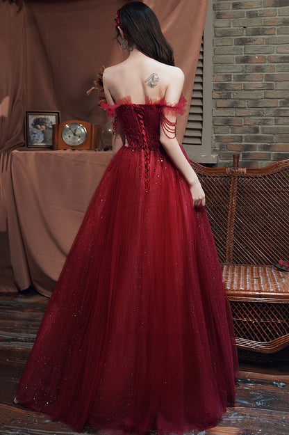 Burgundy Tulle Long A-Line Prom with Beaded, Off the Shoulder Evening Party Dress