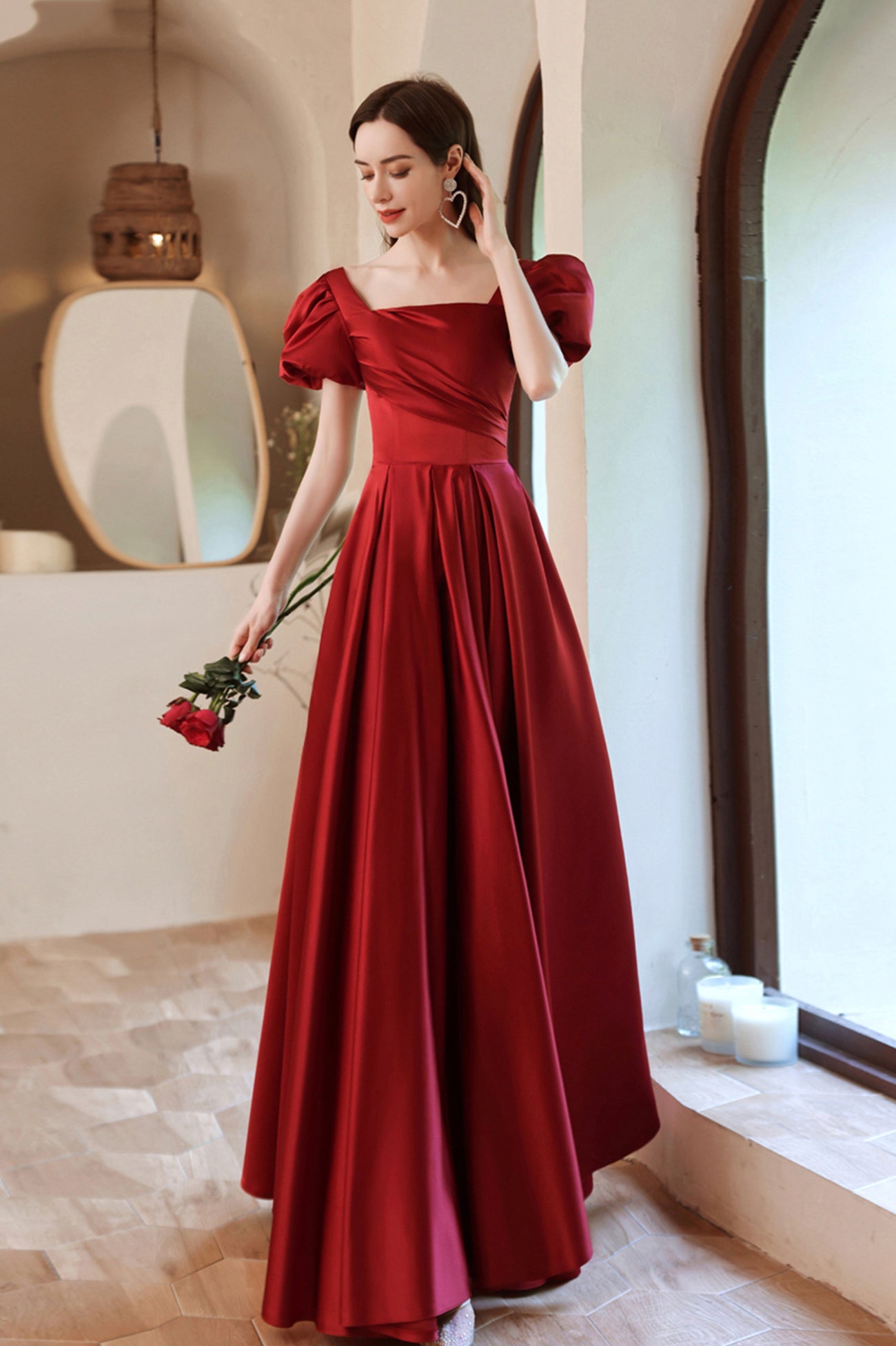 Burgundy Satin Long A-Line Prom Dress, Lovely Puff Sleeve Evening Dress