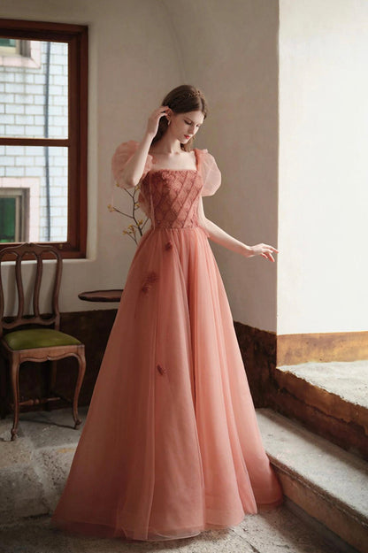 Cute Tulle Short Sleeve Floor Length Prom Dress, A-Line Evening Party Dress