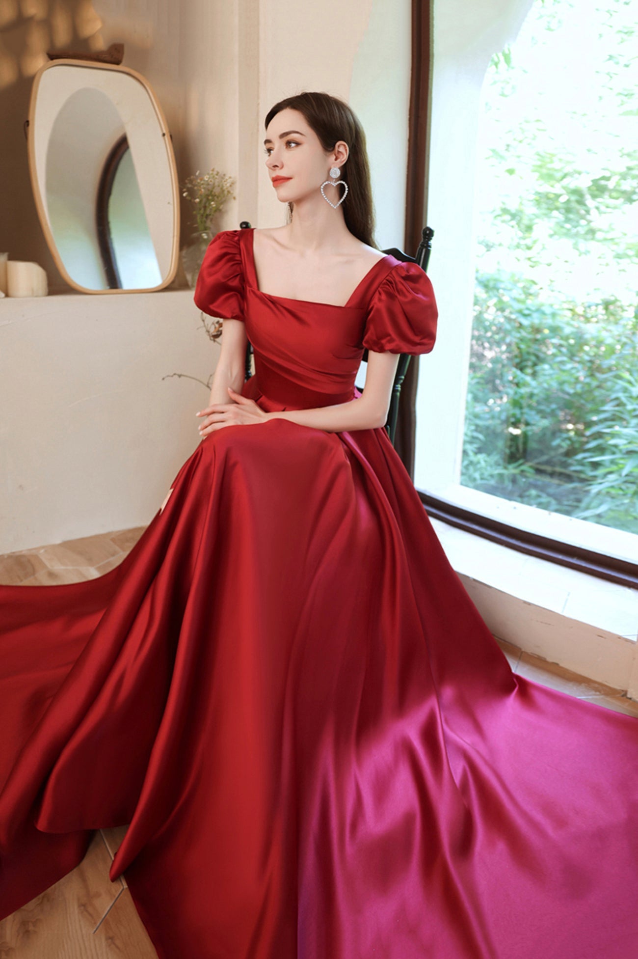 Burgundy Satin Long A-Line Prom Dress, Lovely Puff Sleeve Evening Dress