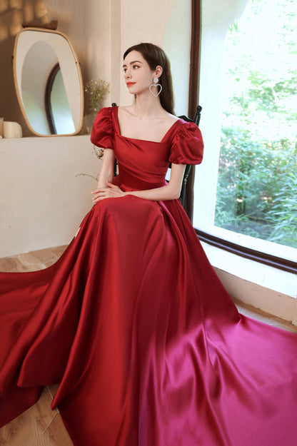 Burgundy Satin Long A-Line Prom Dress, Lovely Puff Sleeve Evening Dress