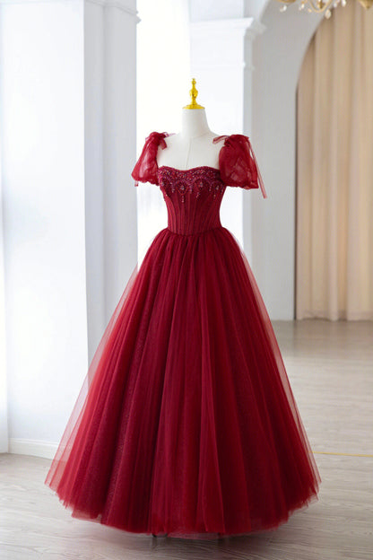 Burgundy Tulle Beaded Long Prom Dress, A-Line Short Sleeve Evening Dress