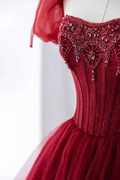 Burgundy Tulle Beaded Long Prom Dress, A-Line Short Sleeve Evening Dress