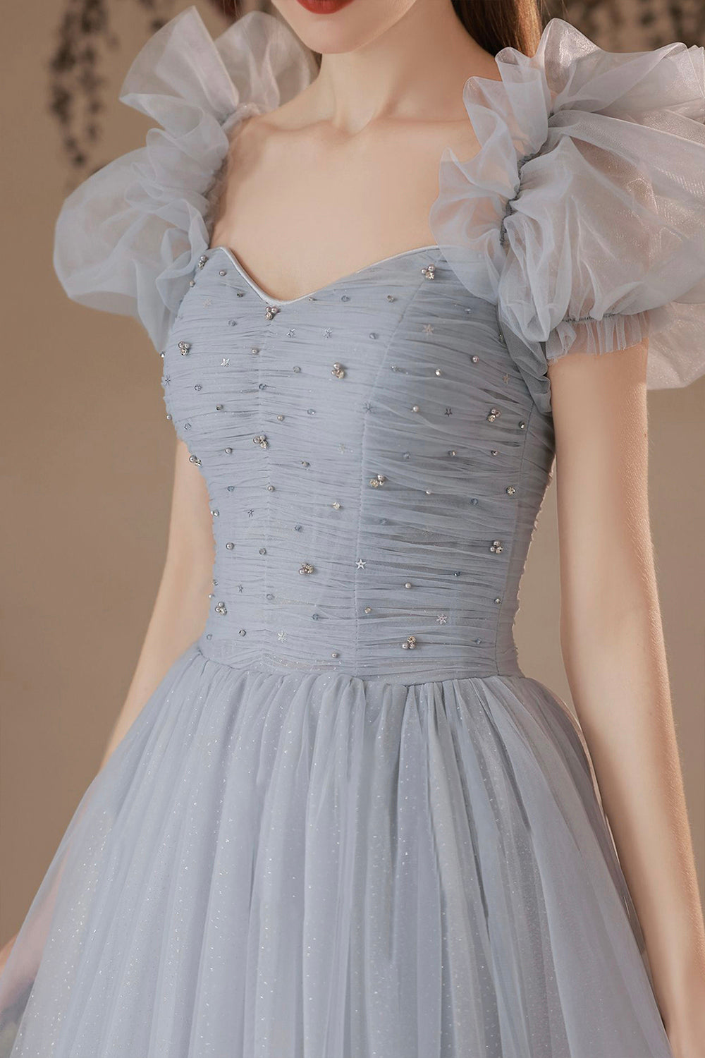 Gray Tulle Long A-Line Prom Dress, Off the Shoulder Formal Dress