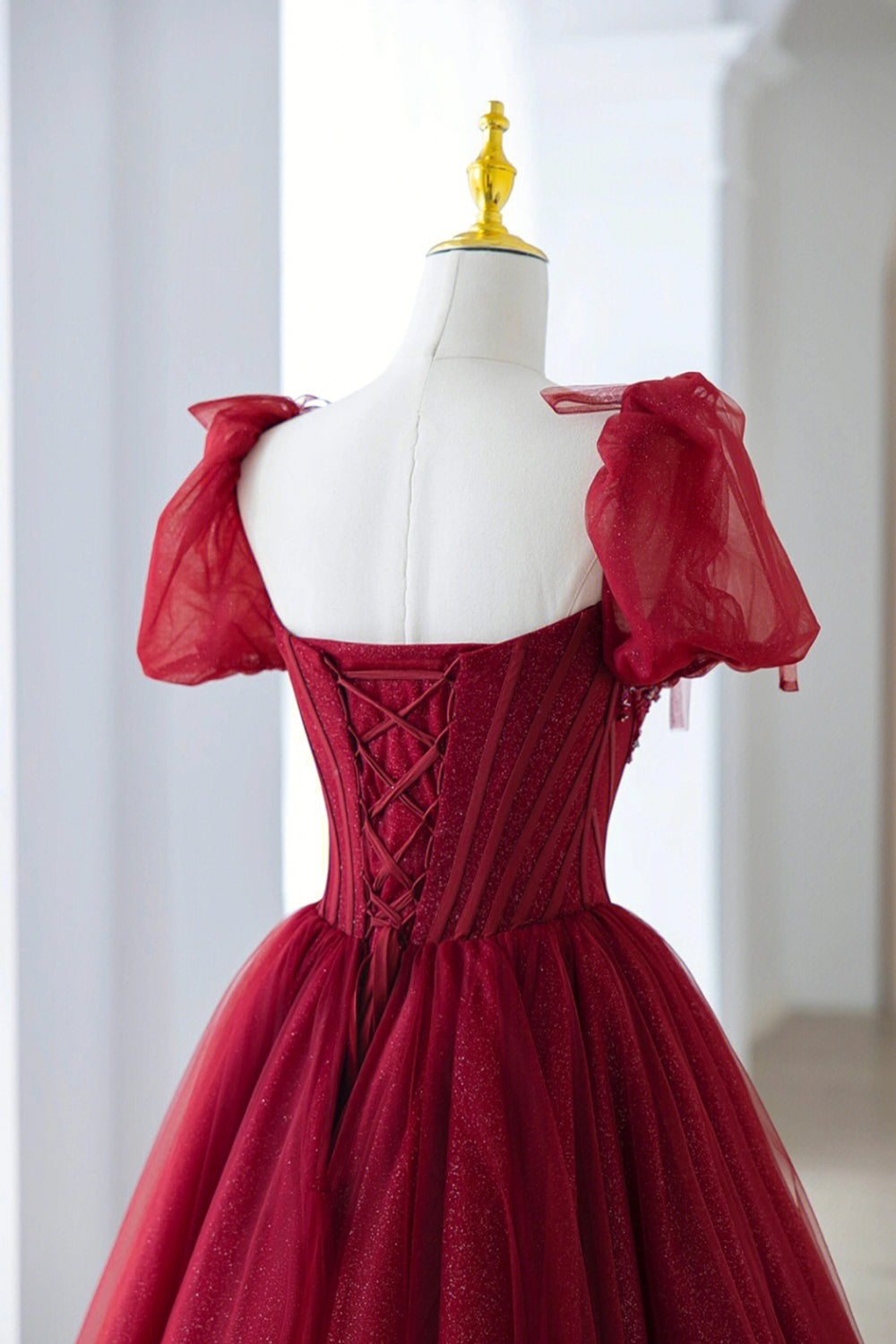 Burgundy Tulle Beaded Long Prom Dress, A-Line Short Sleeve Evening Dress