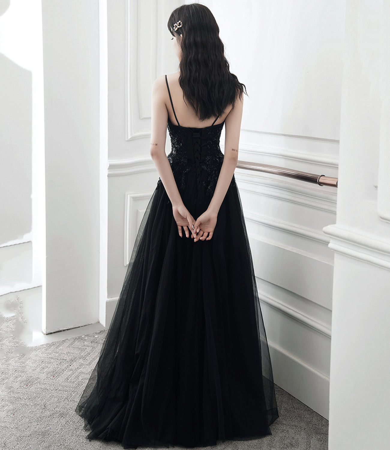 Black V-Neck Tulle Lace Long Prom Dress, A-Line Evening Party Dress