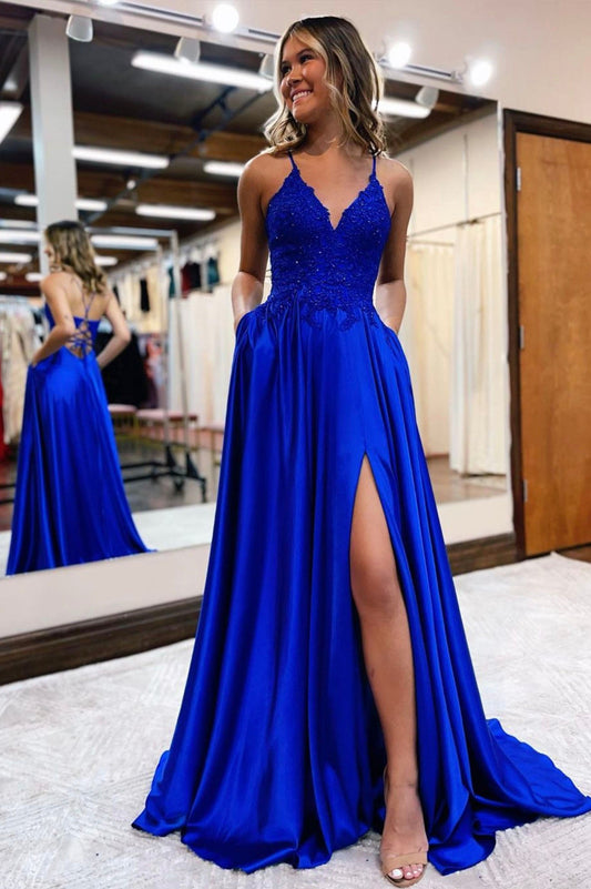 Cute V-Neck Satin Lace Long Prom Dress, A-Line Evening Dress with Slit