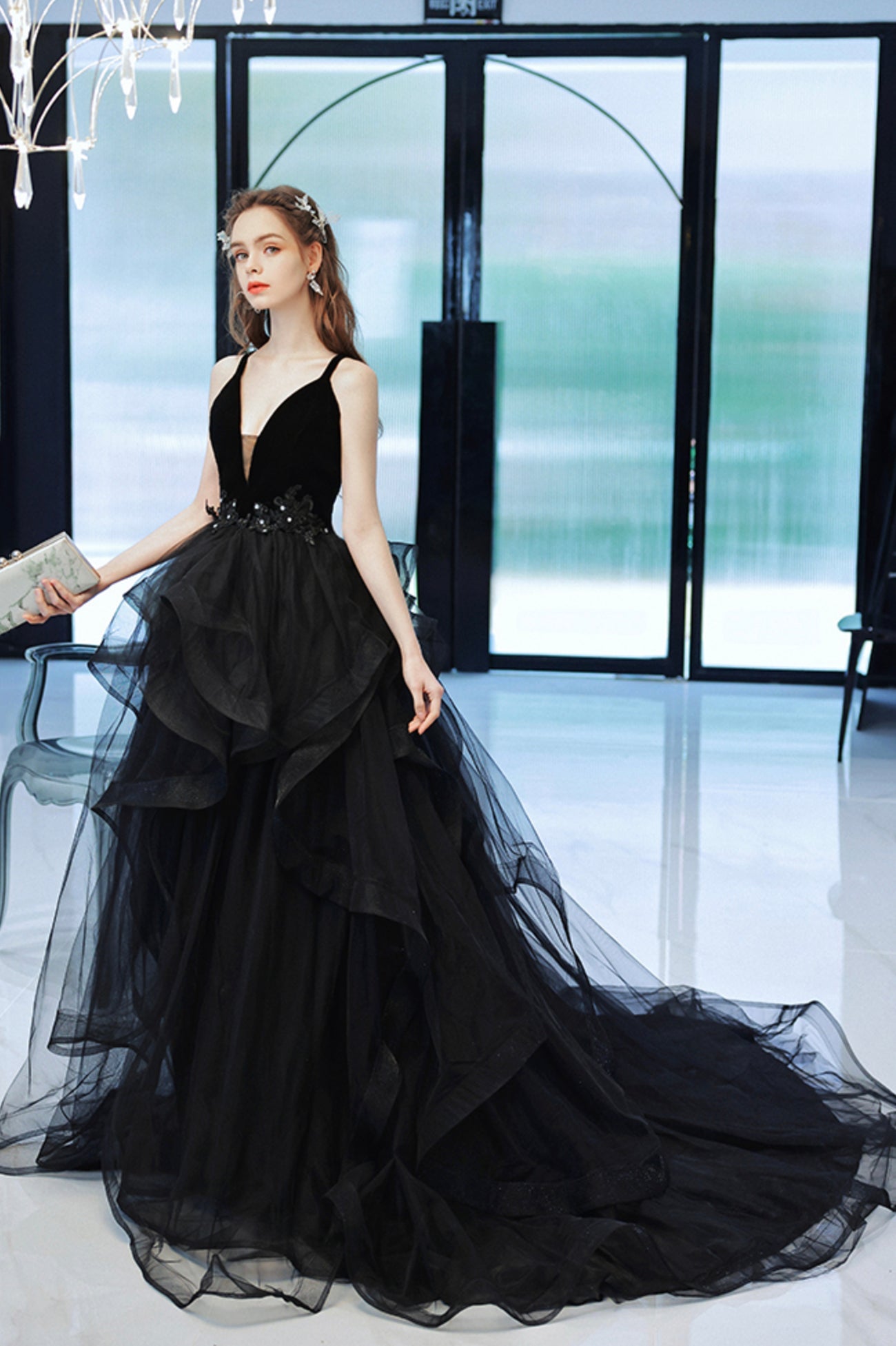Black V-Neck Tulle Long Prom Dress, Black Graduation Dress with Lace