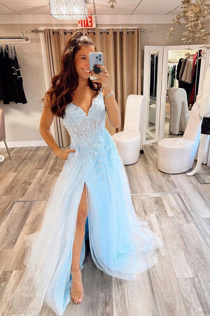 Blue Lace Long A-Line Prom Dress, A-Line V-Neck Graduation Dress