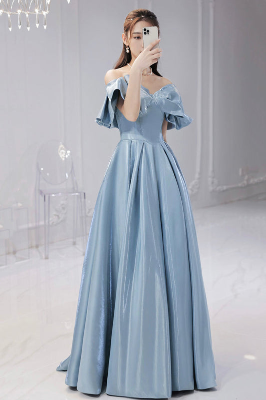 Blue Satin Long A-Line Prom Dress, Off the Shoulder Evening Dress with Bow