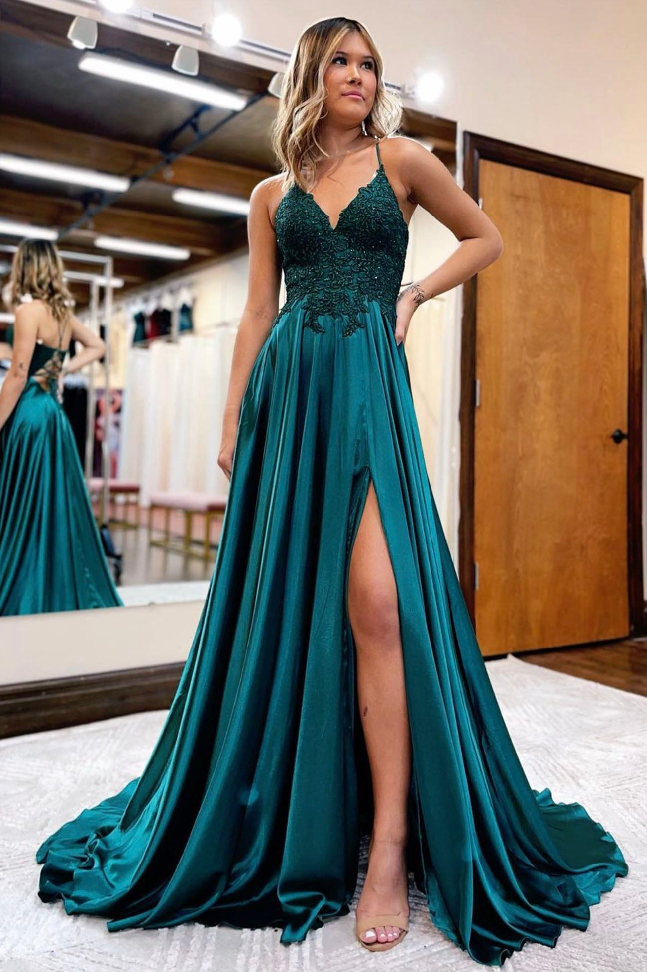 Cute V-Neck Satin Lace Long Prom Dress, A-Line Evening Dress with Slit