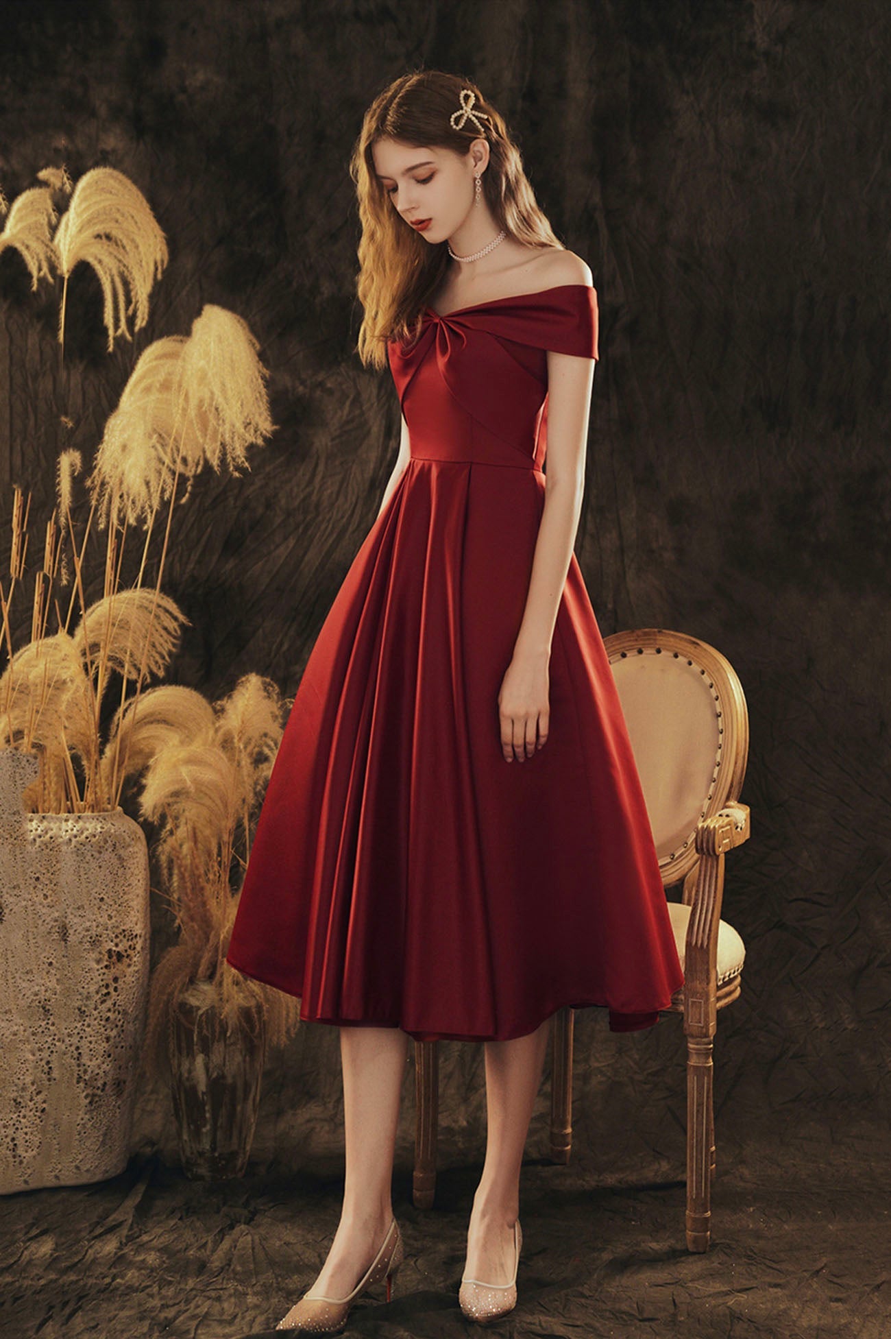 Burgundy Satin Short Prom Dress, Cute Off the Shoulder Evening Dress