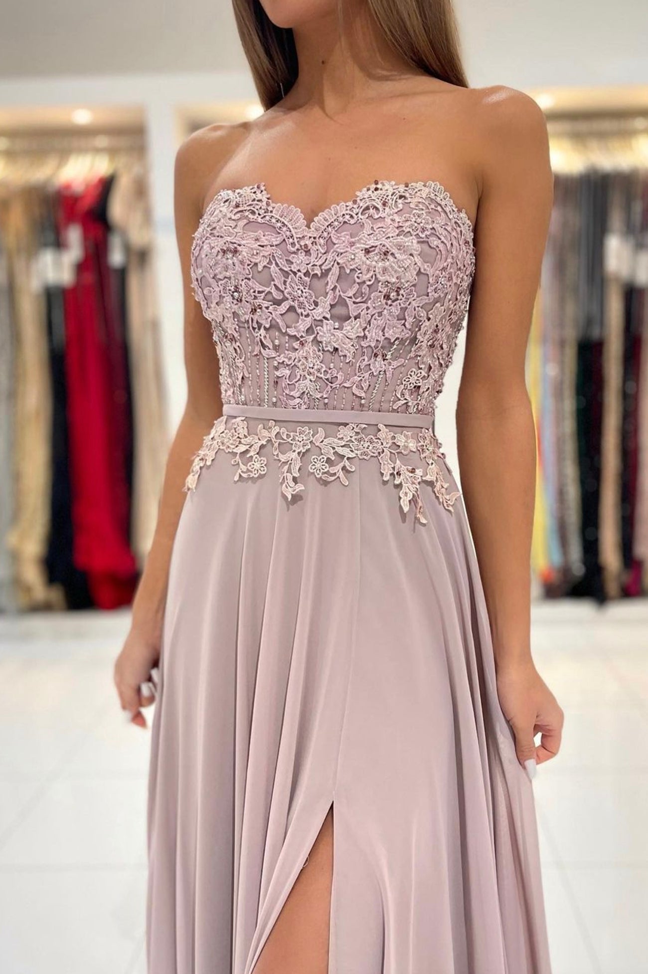 Cute Chiffon Lace Long A-Line Prom Dress, Cute Strapless Party Dress with Slit