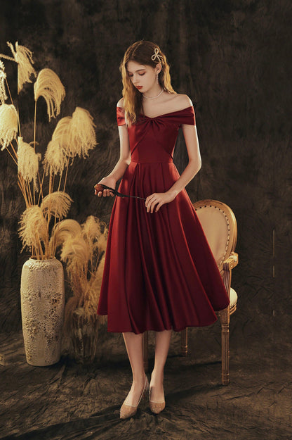 Burgundy Satin Short Prom Dress, Cute Off the Shoulder Evening Dress