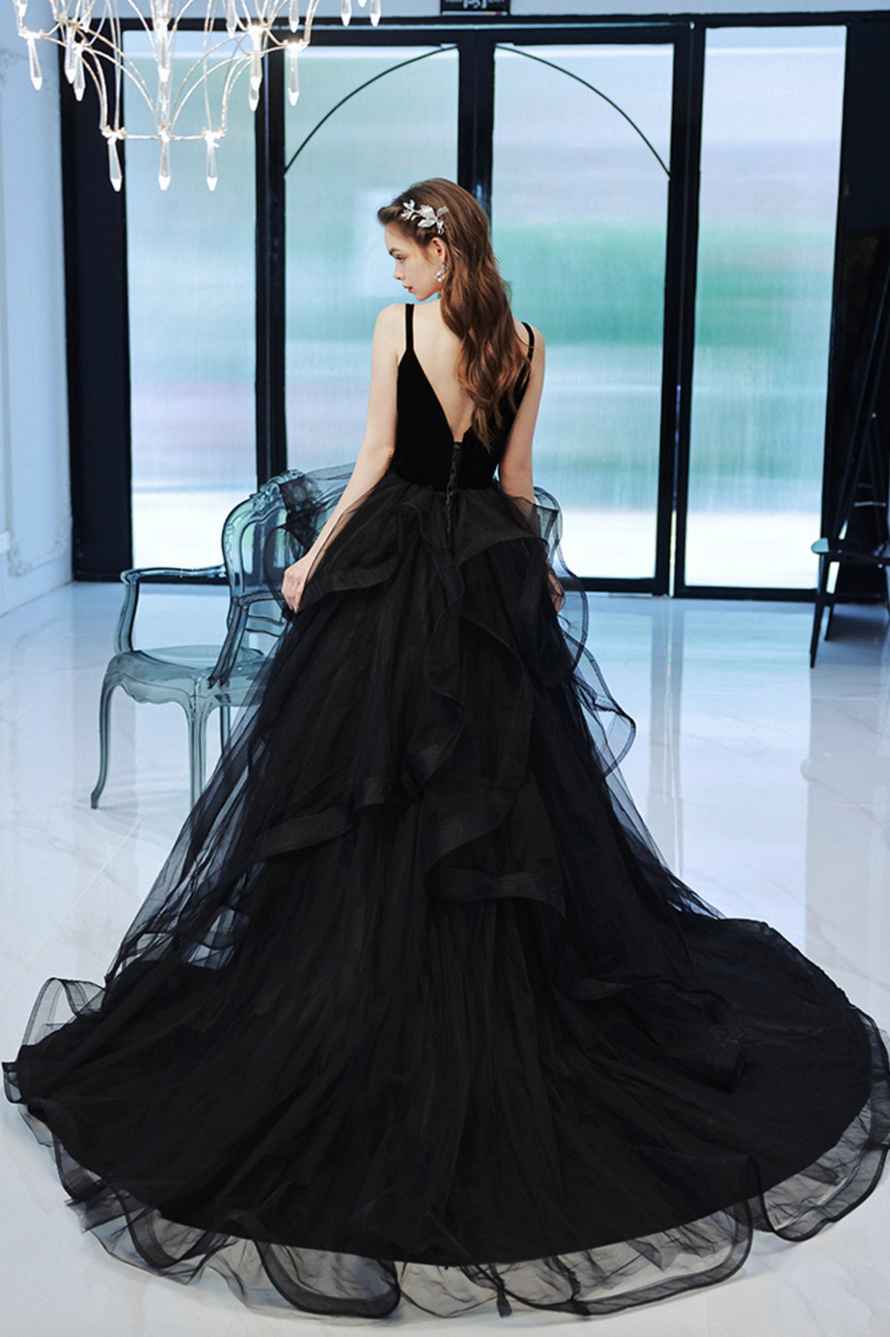 Black V-Neck Tulle Long Prom Dress, Black Graduation Dress with Lace