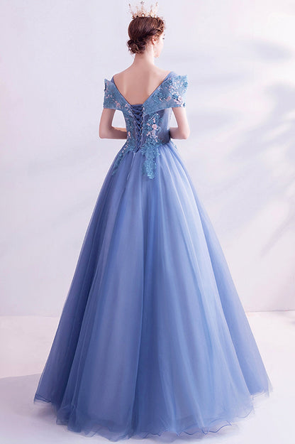 Blue Lace Off the Shoulder Prom Dress, A-Line Evening Graduation Dress