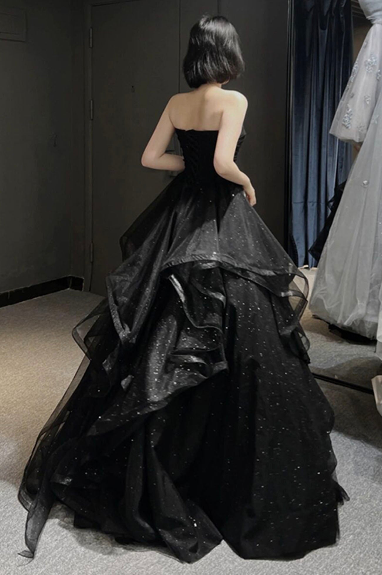 Black Tulle Long A-Line Prom Dress,Ball Dresses with Ruffles