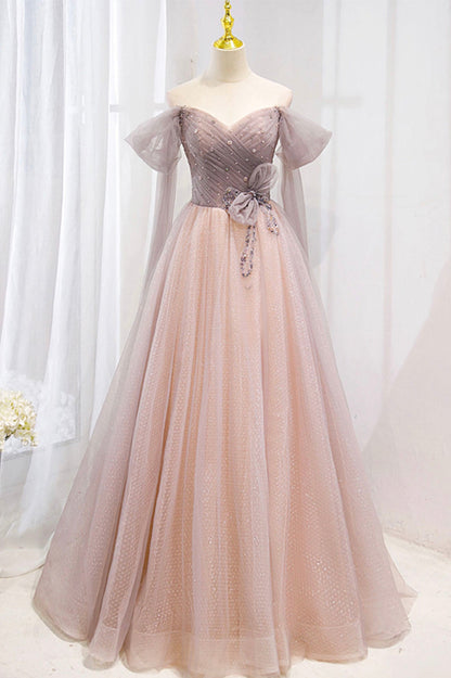 Pink Tulle Off the Shoulder Prom Dress with Beaded, A-Line Formal Evening Dress