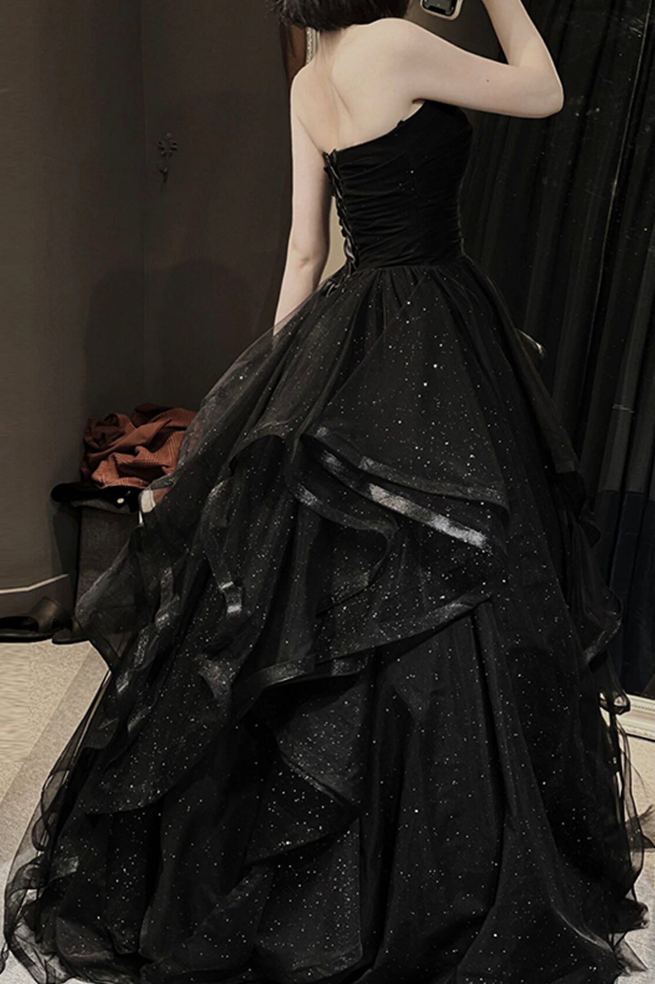 Black Tulle Layers Long A-Line Prom Dress, Black Strapless Evening Dress