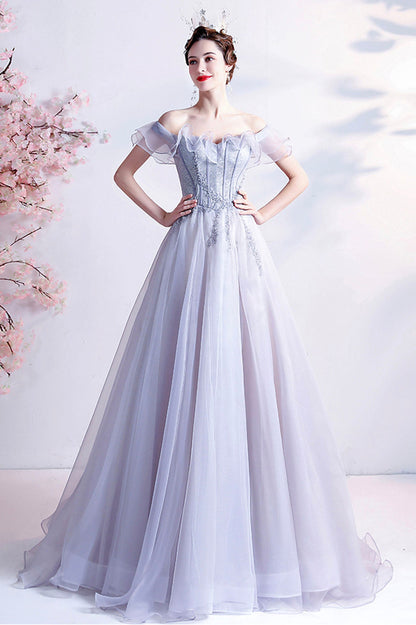 Gray Tulle Off the Shoulder Long Prom Dress, A-Line Evening Party Dress