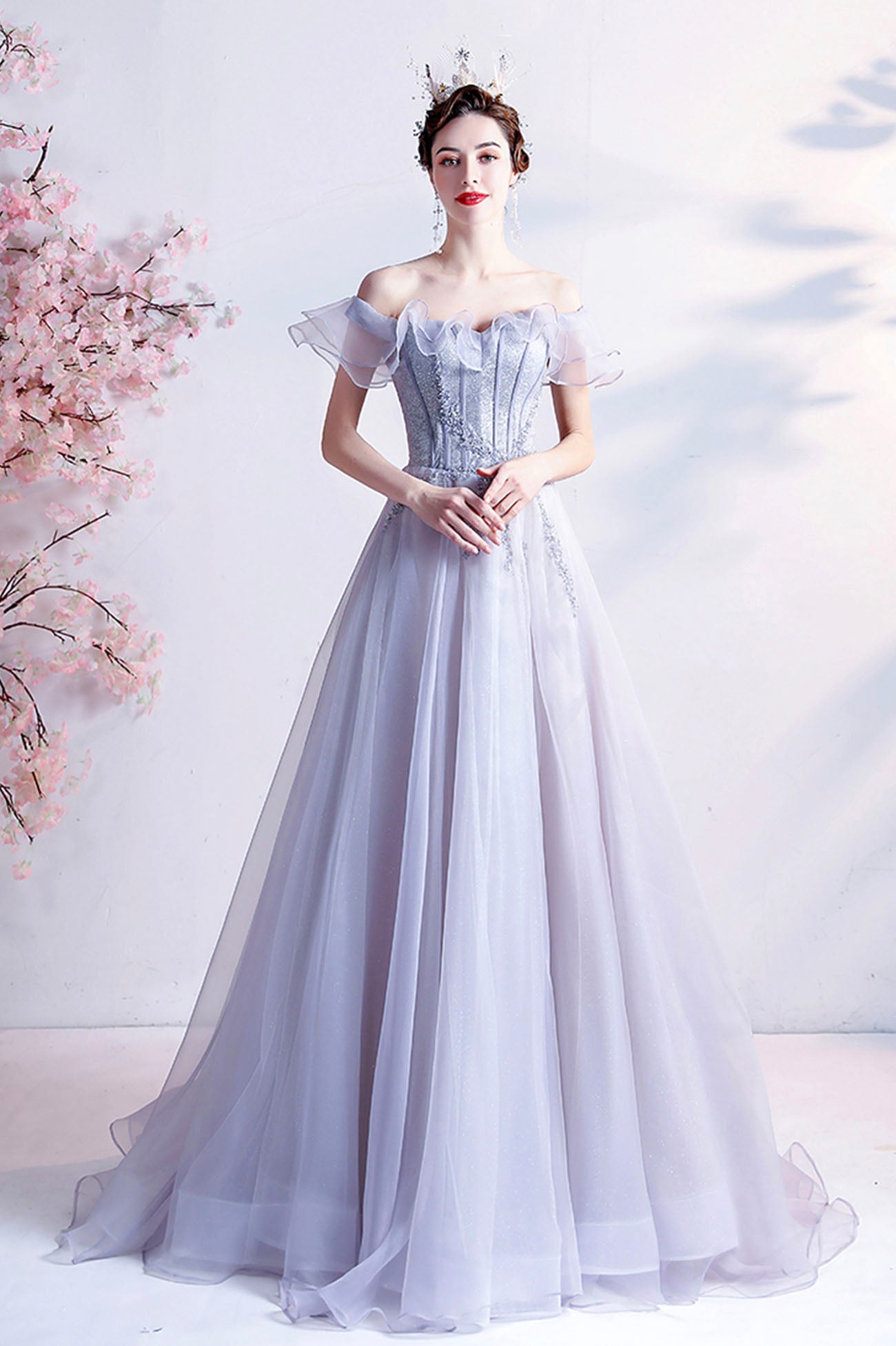 Gray Tulle Off the Shoulder Long Prom Dress, A-Line Evening Party Dress