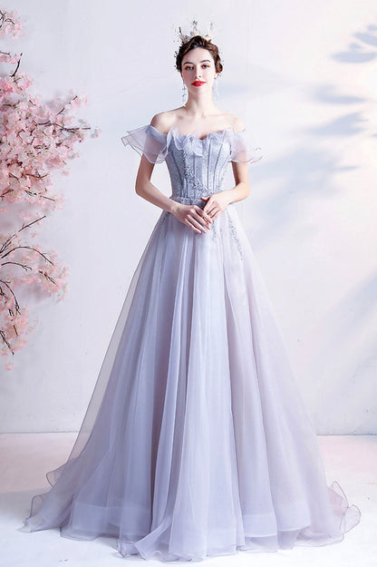 Gray Tulle Off the Shoulder Long Prom Dress, A-Line Evening Party Dress