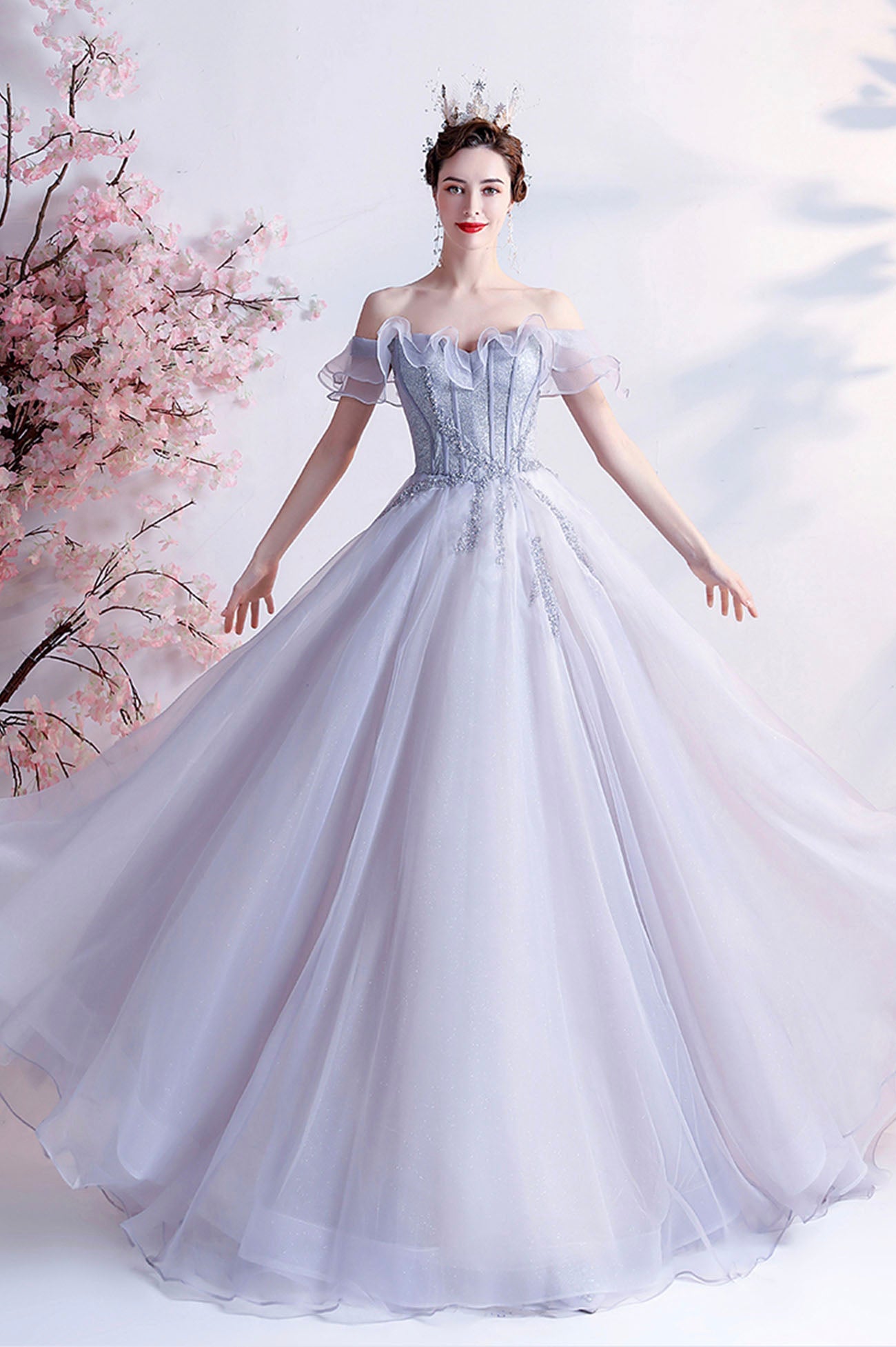 Gray Tulle Off the Shoulder Long Prom Dress, A-Line Evening Party Dress