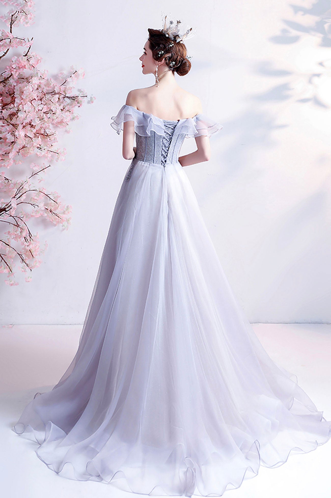 Gray Tulle Off the Shoulder Long Prom Dress, A-Line Evening Party Dress