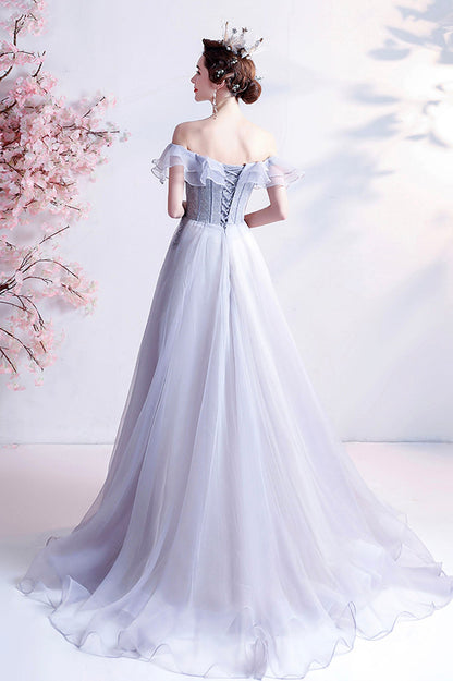 Gray Tulle Off the Shoulder Long Prom Dress, A-Line Evening Party Dress