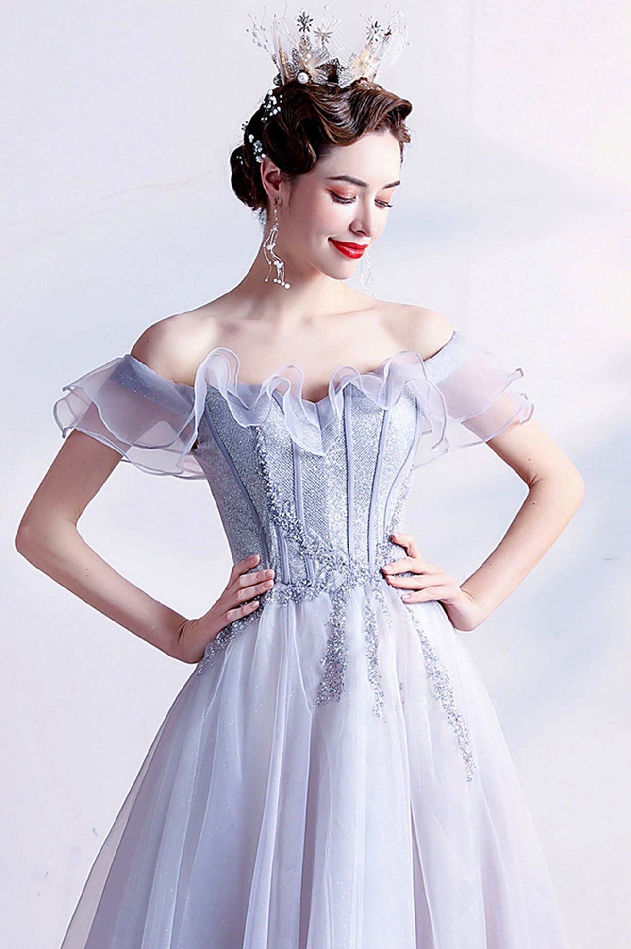 Gray Tulle Off the Shoulder Long Prom Dress, A-Line Evening Party Dress