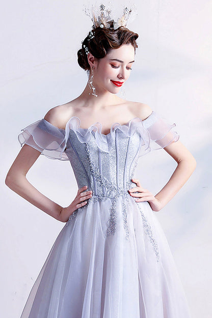 Gray Tulle Off the Shoulder Long Prom Dress, A-Line Evening Party Dress