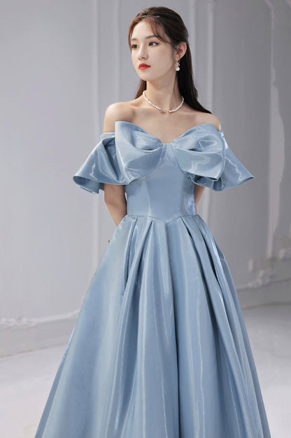 Blue Satin Long A-Line Prom Dress, Off the Shoulder Evening Dress with Bow