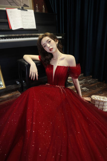 Burgundy Tulle Floor Length Prom Dress, A-Line Off the Shoulder Evening Dress