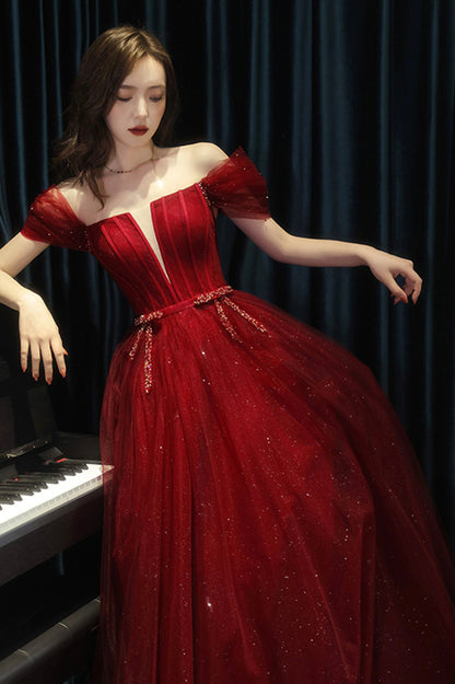 Burgundy Tulle Floor Length Prom Dress, A-Line Off the Shoulder Evening Dress