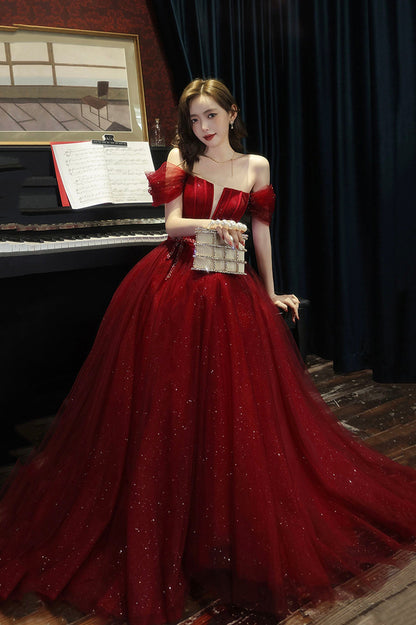 Burgundy Tulle Floor Length Prom Dress, A-Line Off the Shoulder Evening Dress