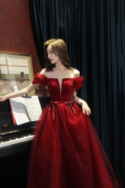 Burgundy Tulle Floor Length Prom Dress, A-Line Off the Shoulder Evening Dress