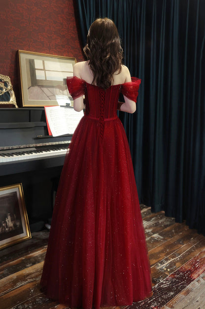 Burgundy Tulle Floor Length Prom Dress, A-Line Off the Shoulder Evening Dress